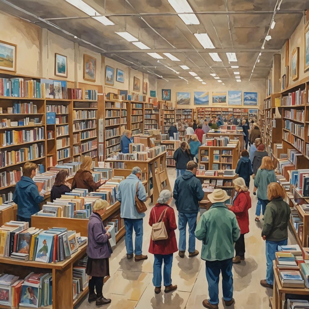 Thrift Store Book Shopping in Gouache Style