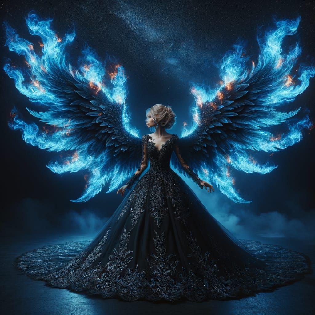 Angel with Blue Flaming Wings in Starry Night