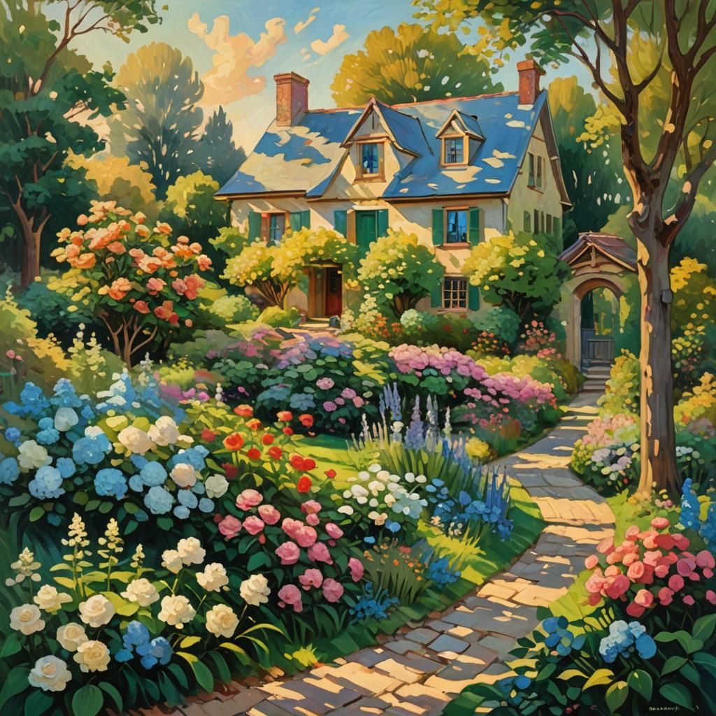 Cozy House and Garden in Impressionist Oil Painting