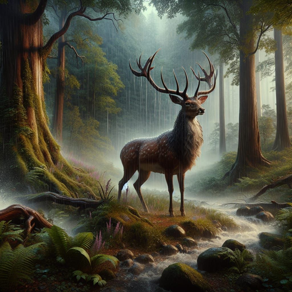 Majestic Deer in Rainy Forest: Fantasy Art