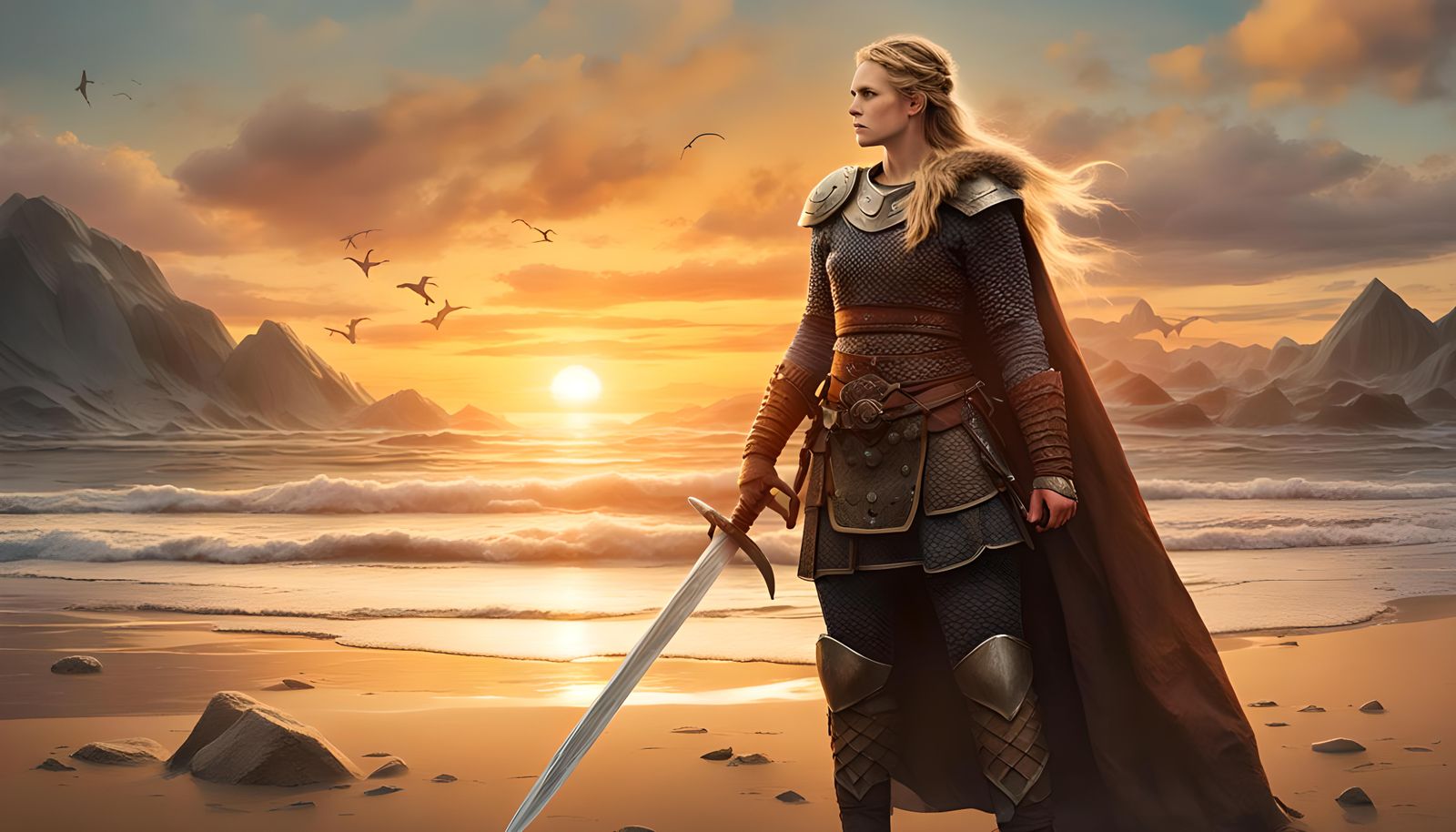 Viking Shieldmaiden on Beach at Sunset