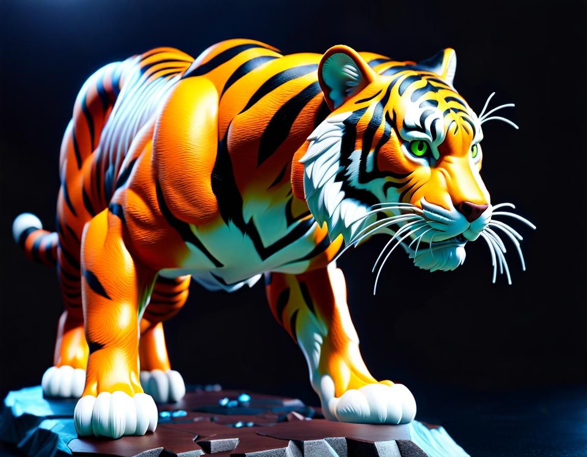 Hyperrealistic Plastic Toy Tiger in Dynamic Pose