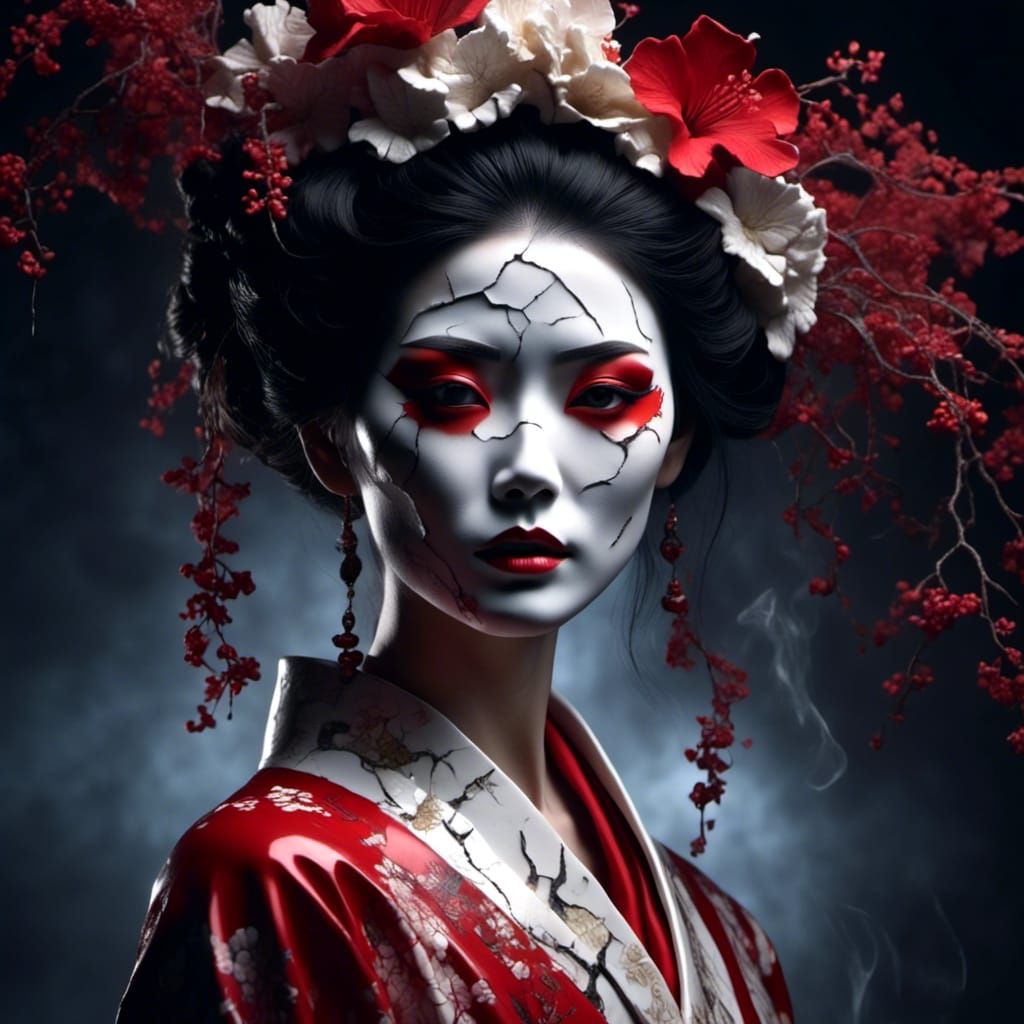 Red Bloom - Cracked Porcelain Geisha Series