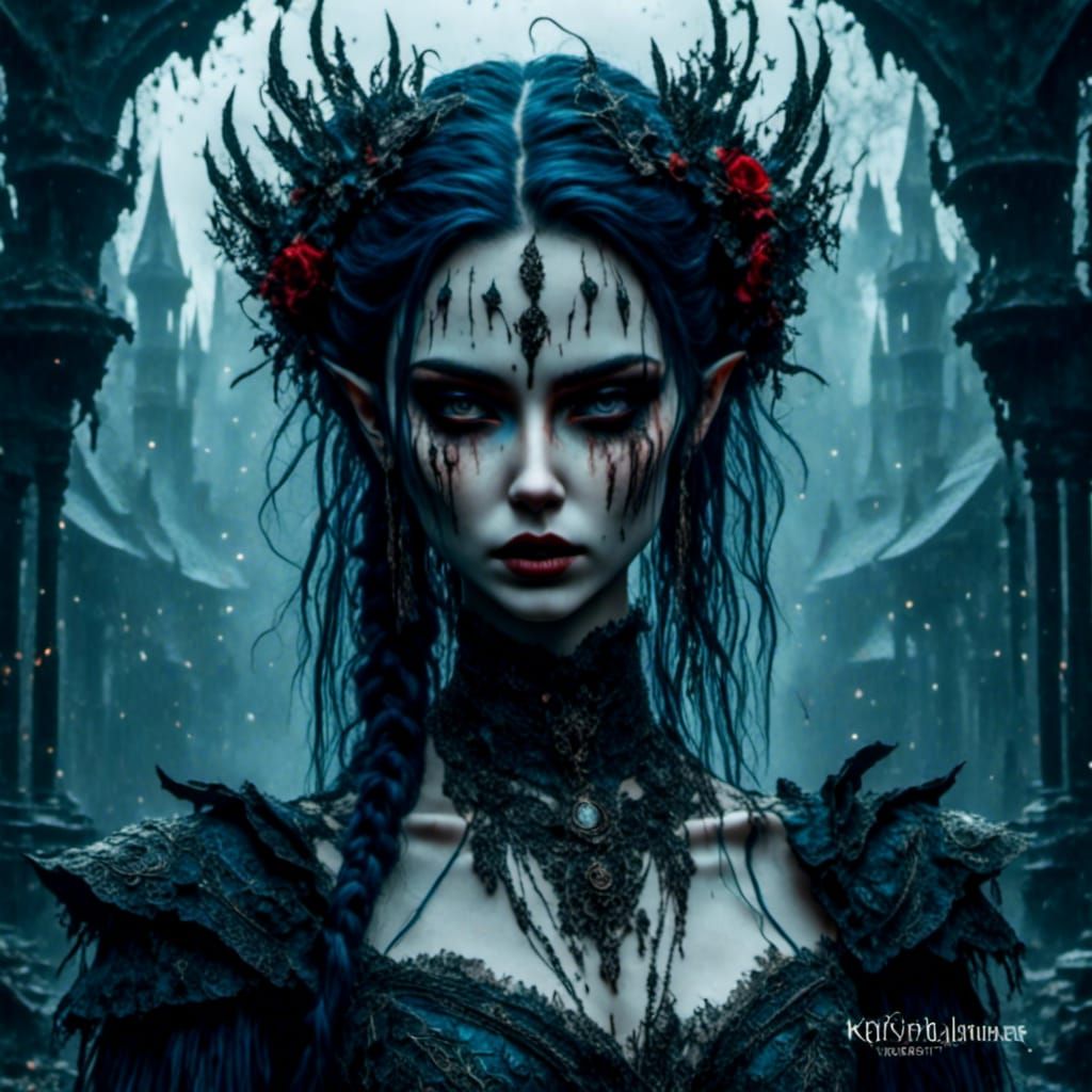 Vampire Elf Portrait with Braids in Fantasy Art Style