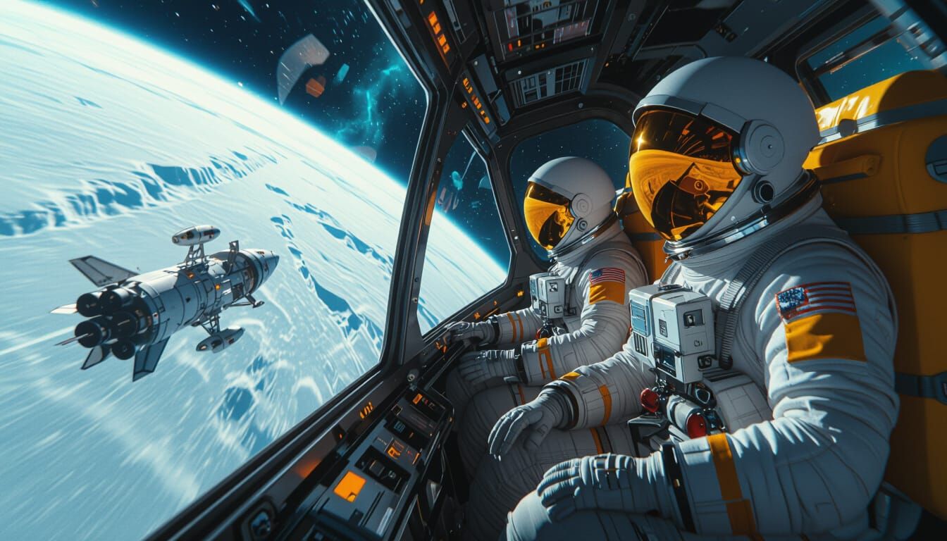 Astronauts Gaze at Icy World: Cinematic Space Scene