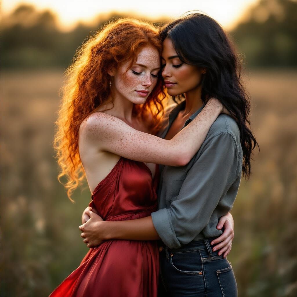 Passionate Embrace of Two Women in Sunlight