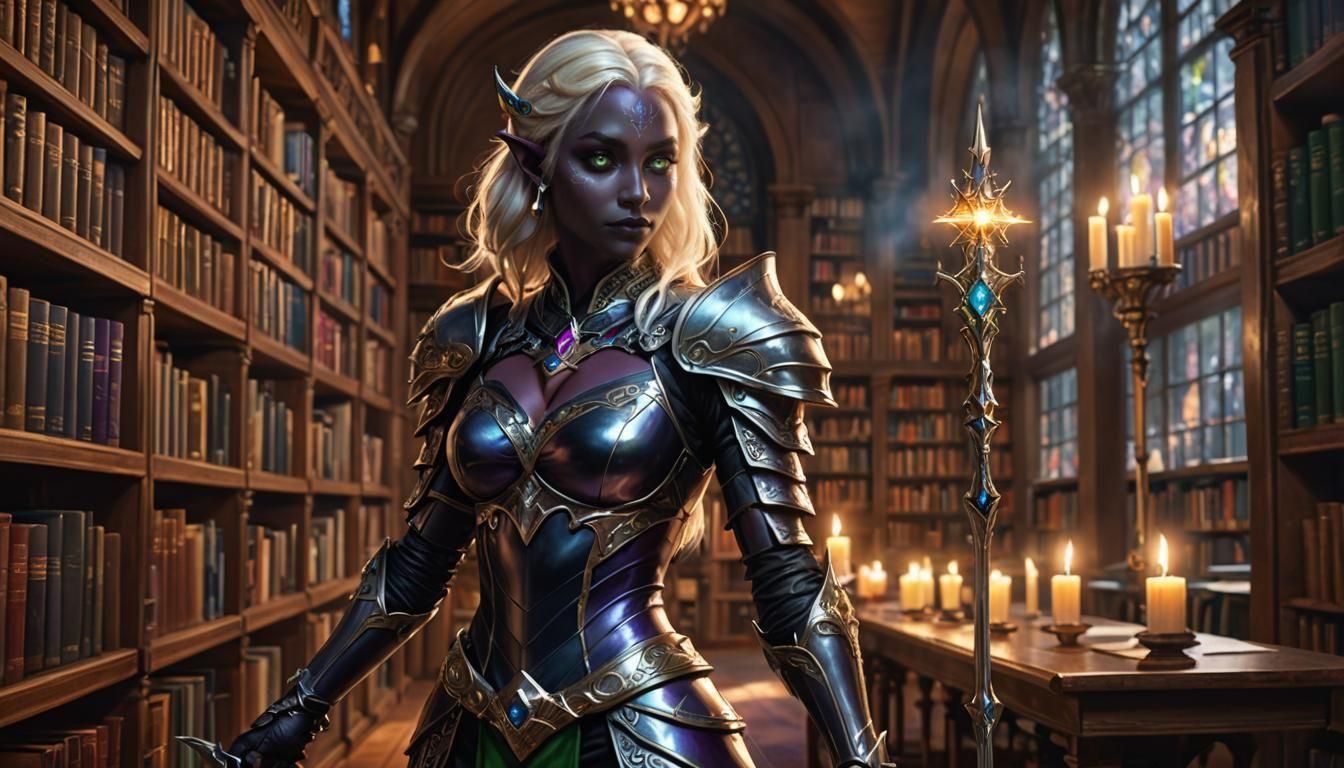 Cute Drow Female in Metallic Armor in Library