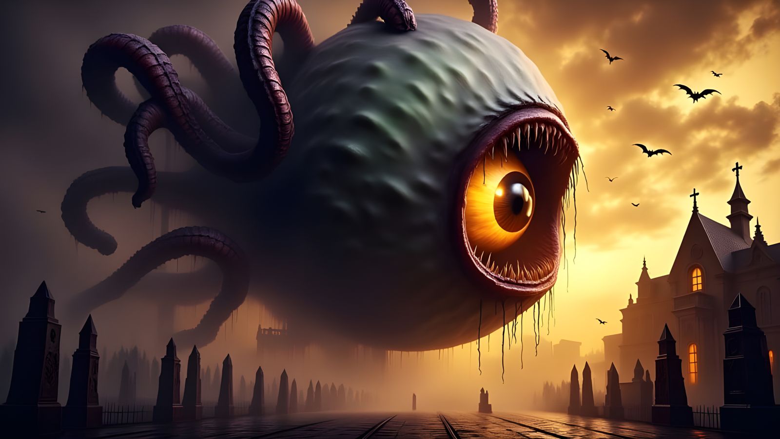 Colossal Eyeball Monster Over Cityscape