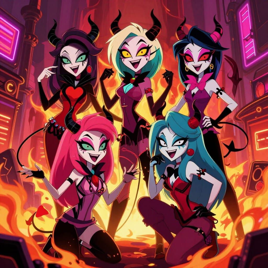 Four Demon Girls in Vibrant Hazbin Hotel Animation Style