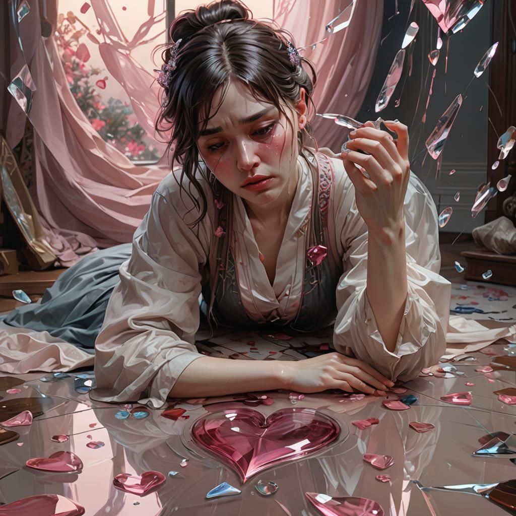 Heartbroken Woman Cries in Bedroom: Hyperdetailed Art