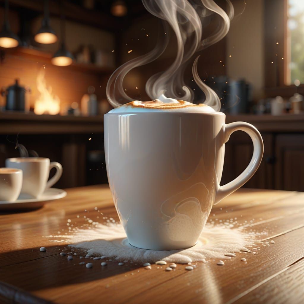Cozy Milky Coffee Cup with Swirling Steam on Wooden Table