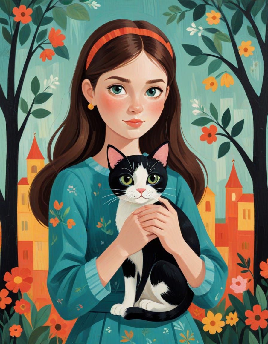 Girl Holding Cat in Whimsical Disney-Inspired Style