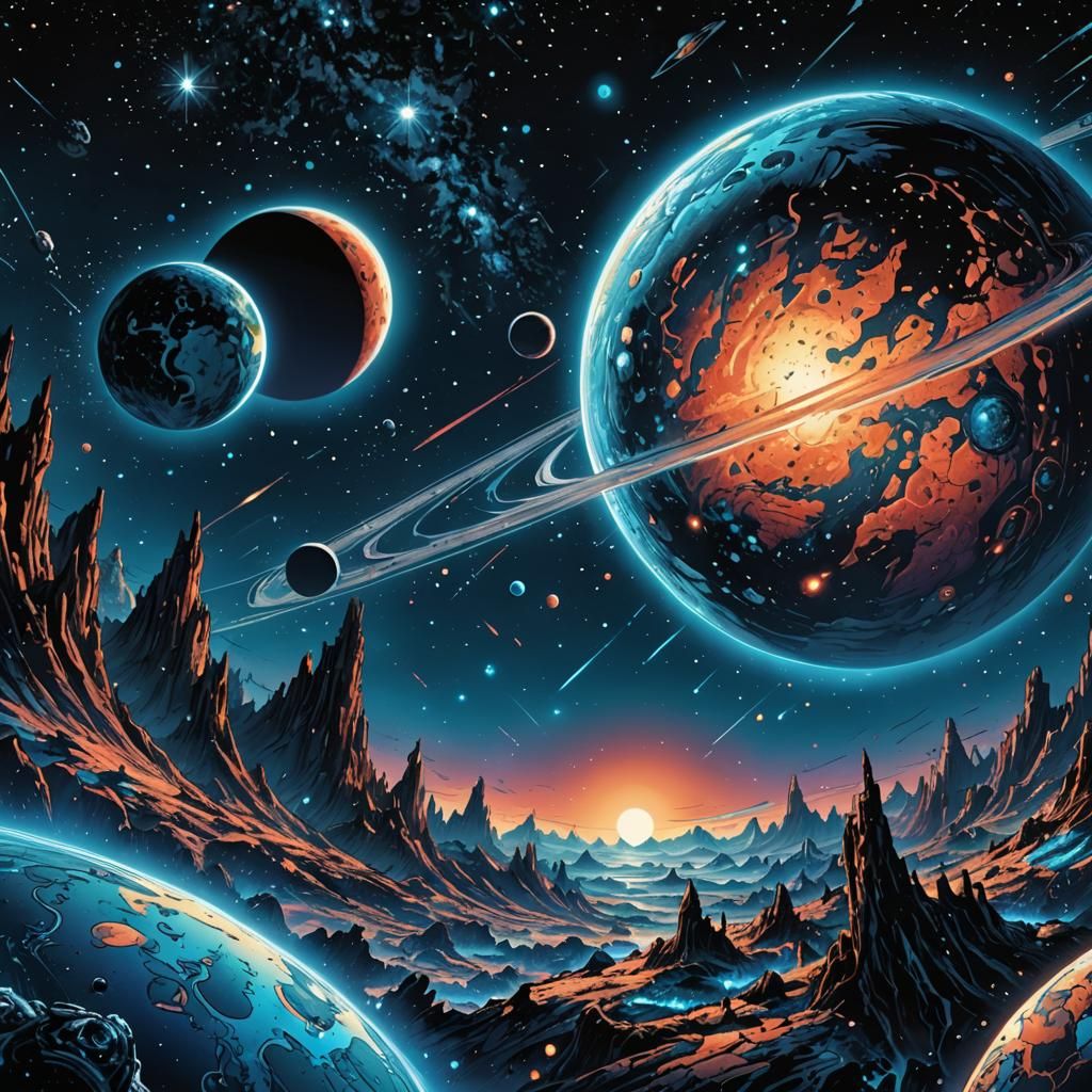 Vibrant Blue Planet and Moon in Comic Book Style