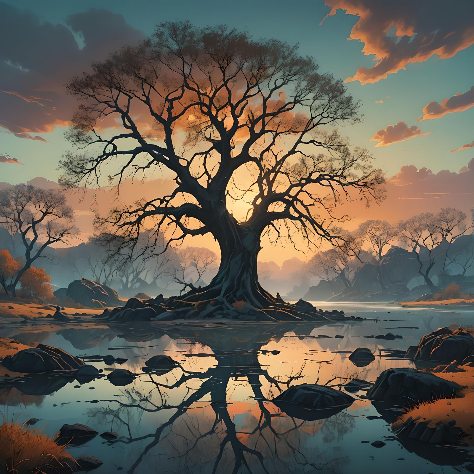 Serene Lagoon Sunset with Bare Tree