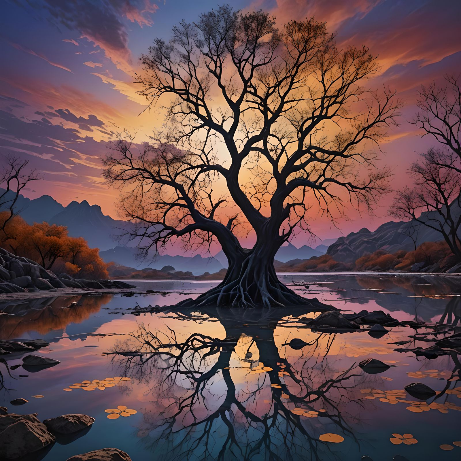 Sunset Lagoon with Leafless Tree: Fantasy Concept Art