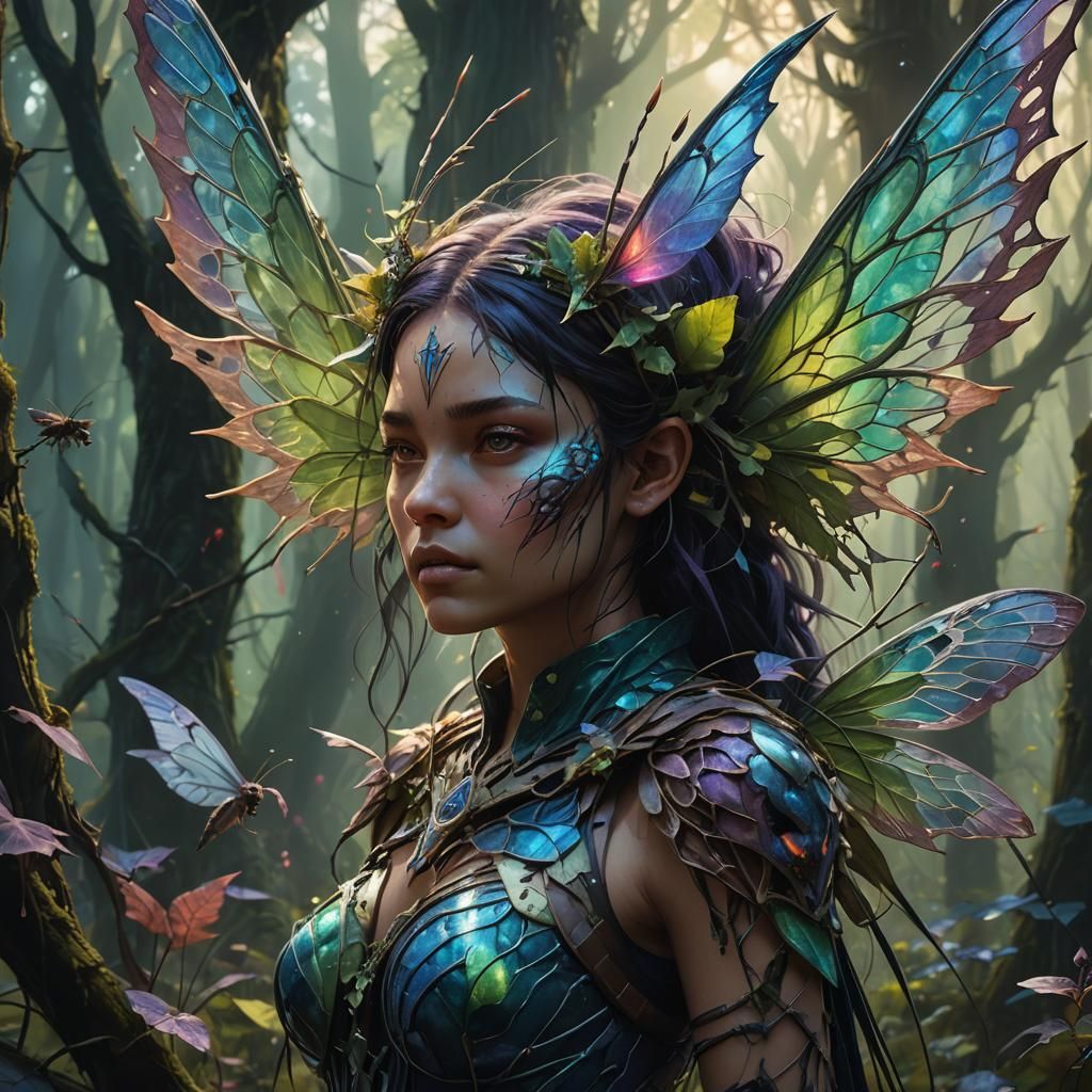 Winged Woman in Forest of Thorns, Art Deco Style