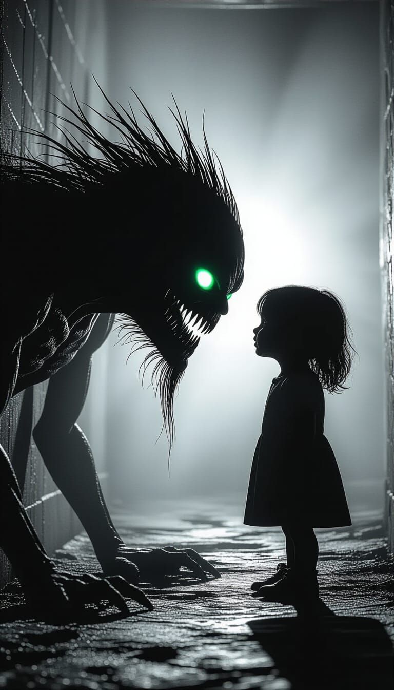 Horror Close-Up: Tiny Creature Whispers in Dark Room