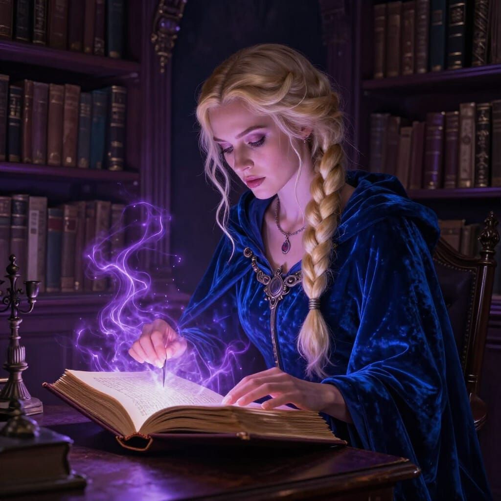 Swedish Witch Casting Spells in Mystical Library