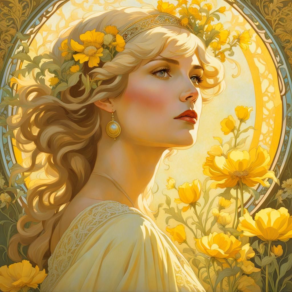 Blonde Woman in Art Nouveau Style with Wildflowers