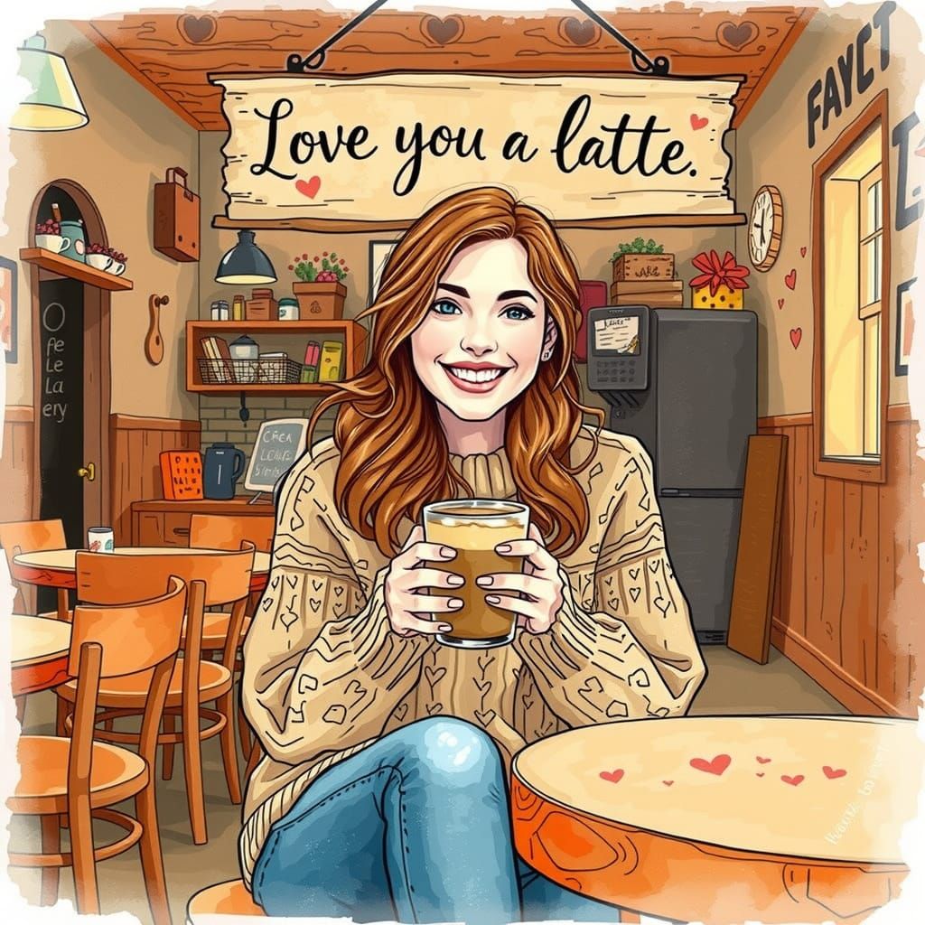 Cozy Woman Sips Latte with Handwritten Sign