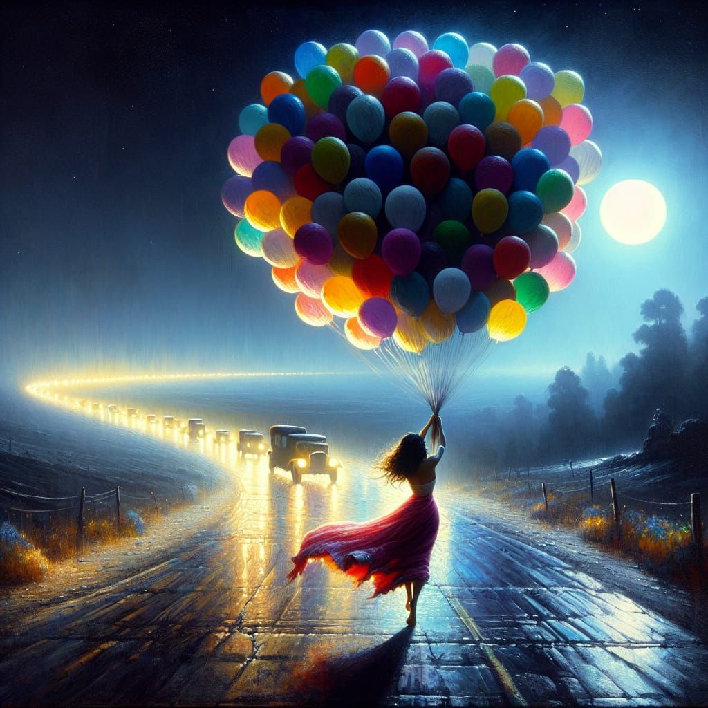 Latina Woman Ascending with Balloons: Impressionist Painting