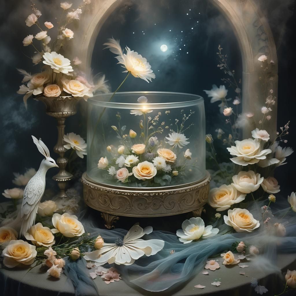 Ethereal Woman with Flowers in Misty Moonlight Garden