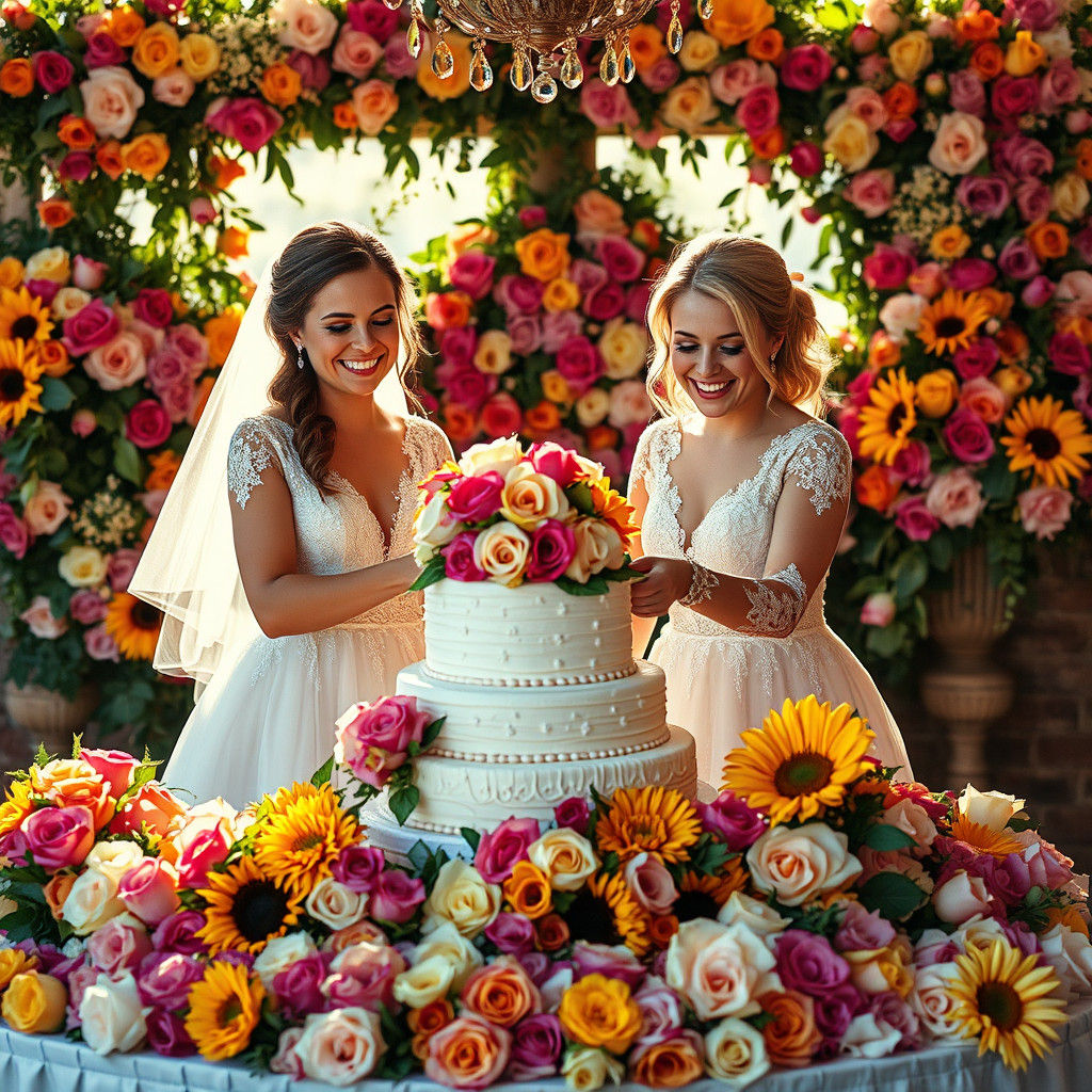 Brides Cutting Cake in Sunlit Floral Wedding Scene