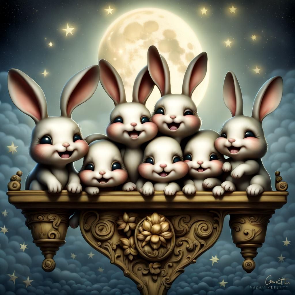 Chibi Rabbits Laughing Under Moonlight, Adorable Digital Art