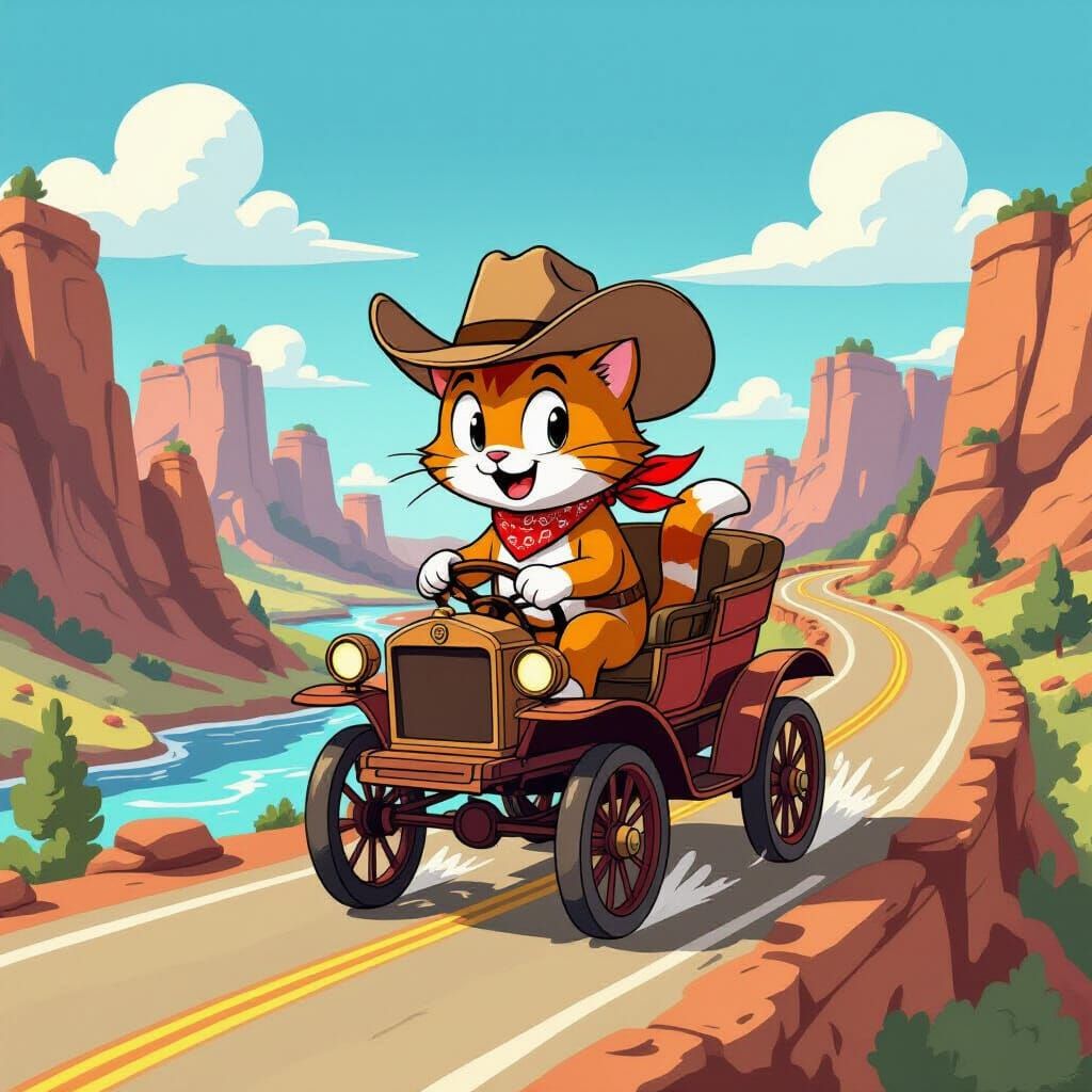 Cartoon Cat Drives Stagecoach Off Cliff into River