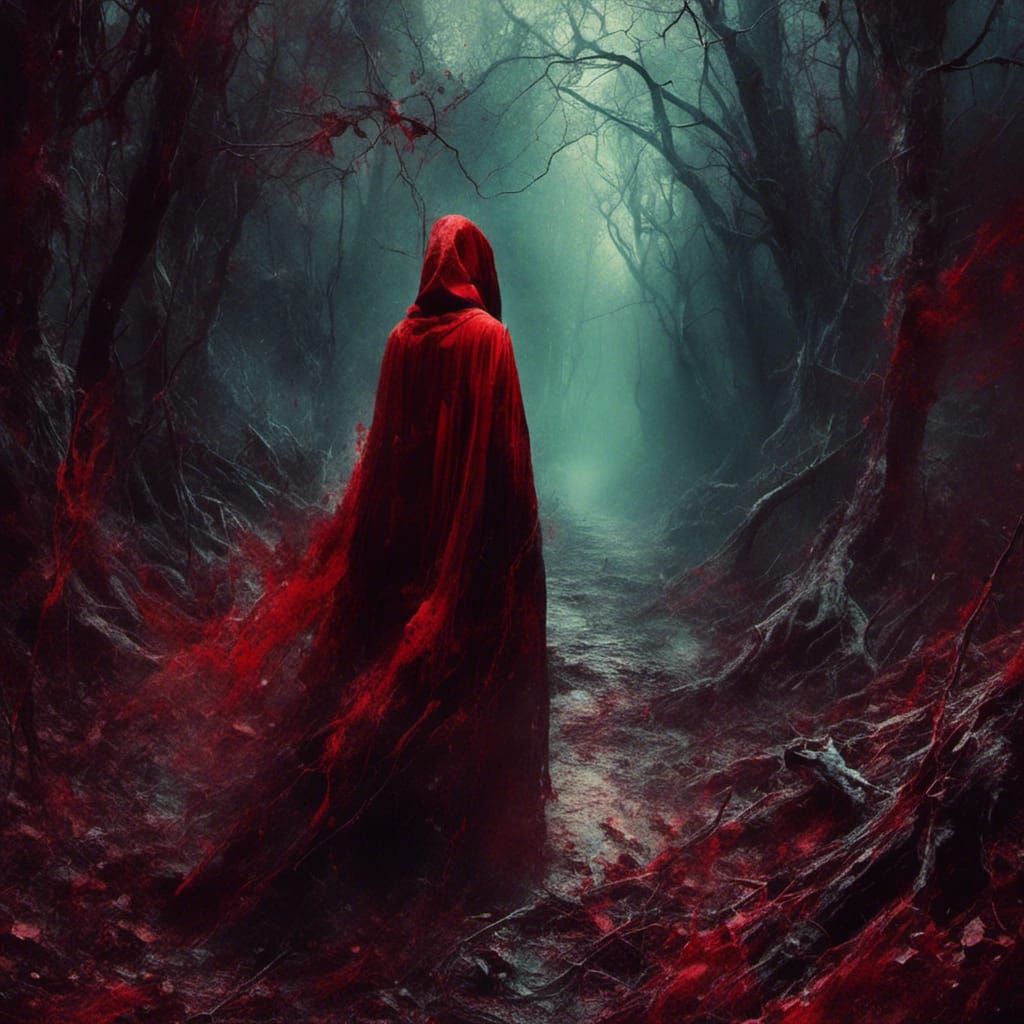 Woman in Red Cloak in Macabre Forest