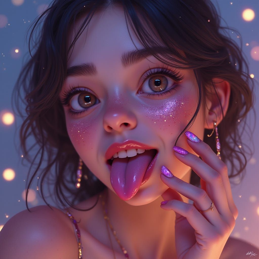 Whimsical Young Woman with Galaxy Nail Art