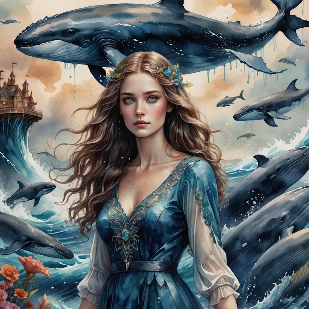 Whale-Inspired Woman in Watercolor Style