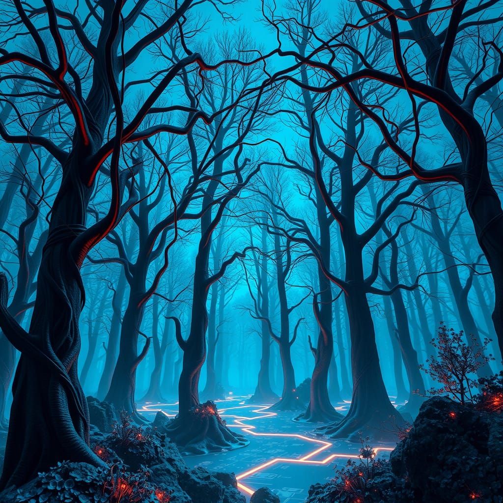 A Futuristic, Binary Forest in Deep Blue