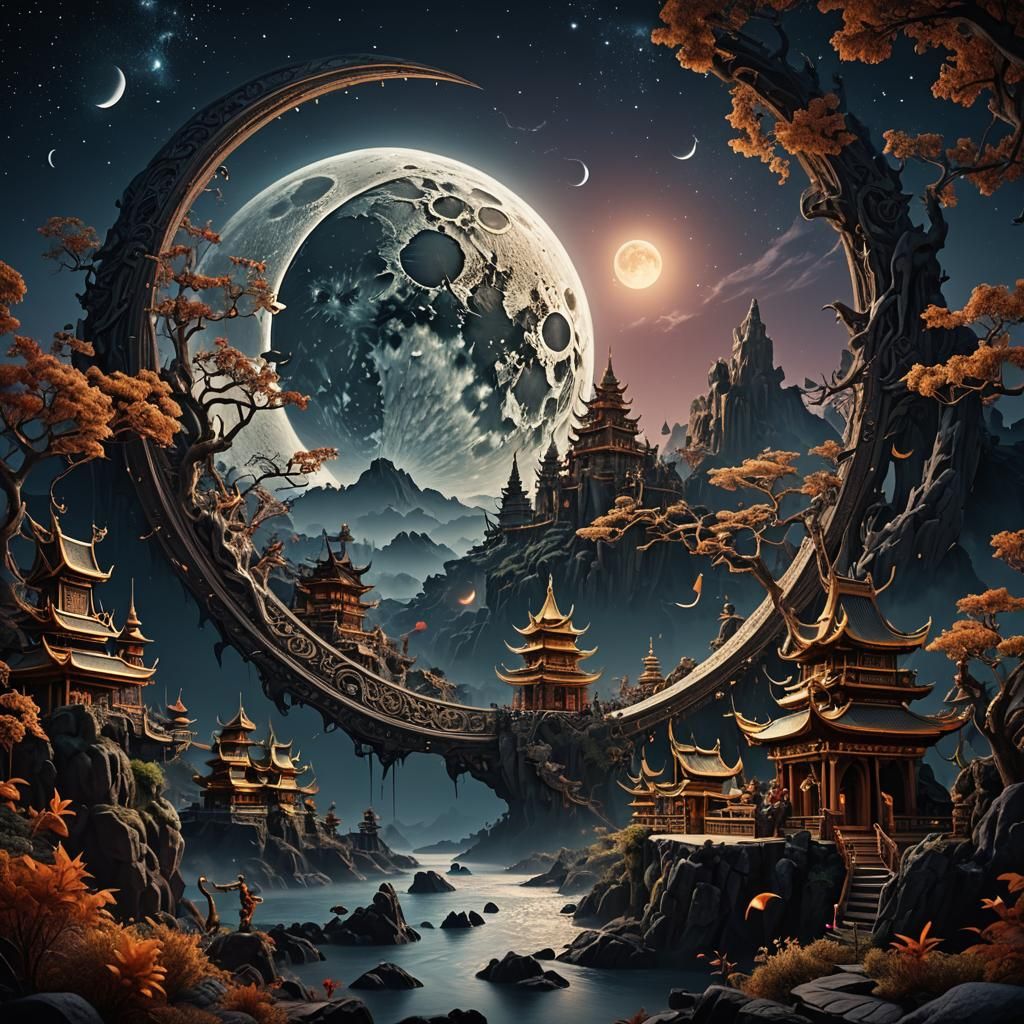 Epic Moon in Fish Eye with Wayang Kulit Stippling