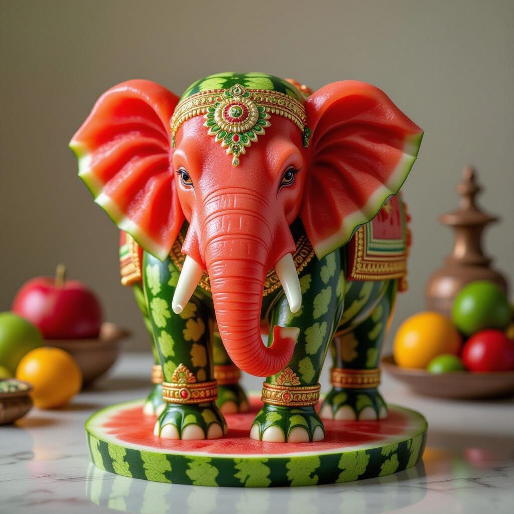 Watermelon Elephant Masterpiece in Vibrant Fruit Still Life