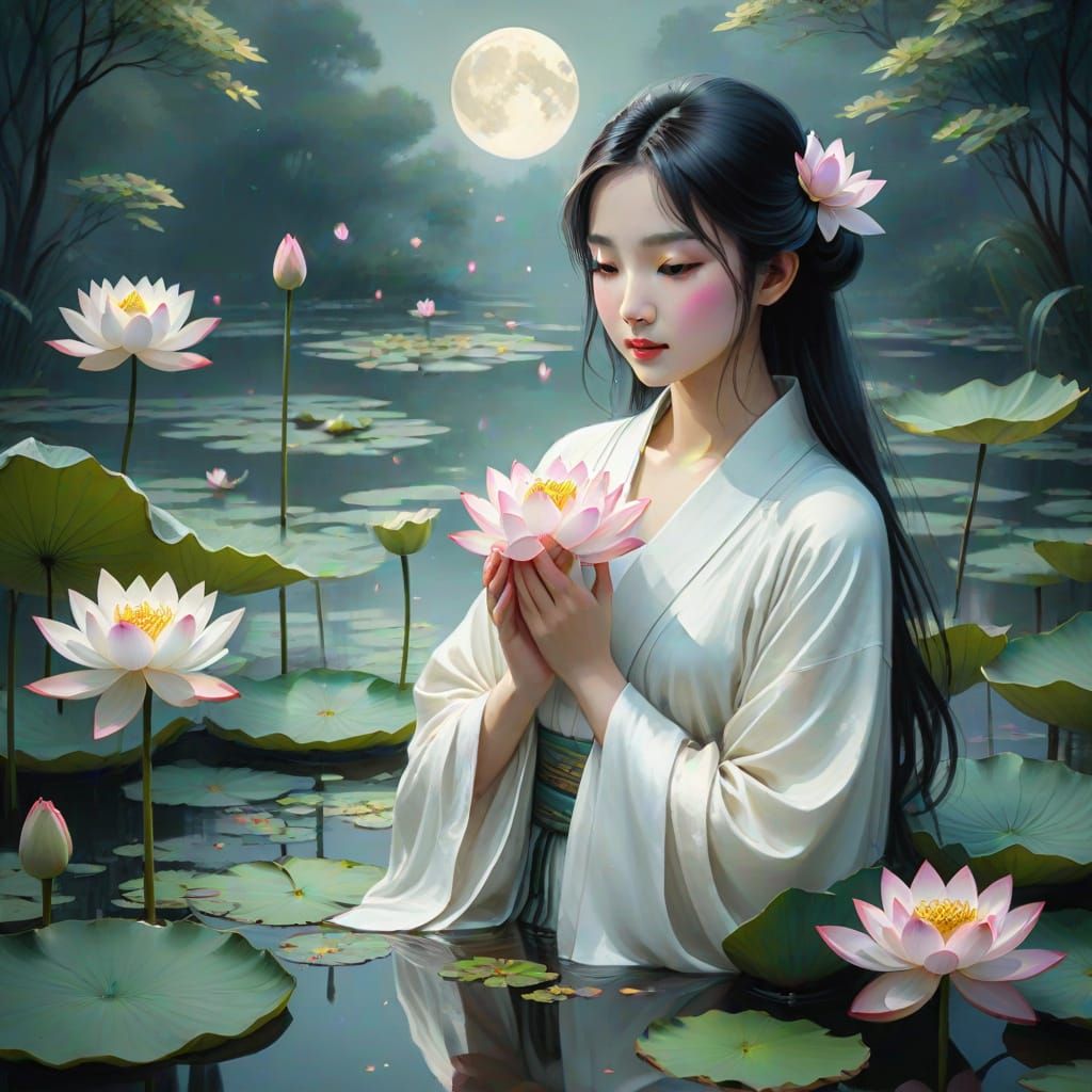 Ethereal Princess Amidst Lotus Blooms in Moonlit Asian Garde...