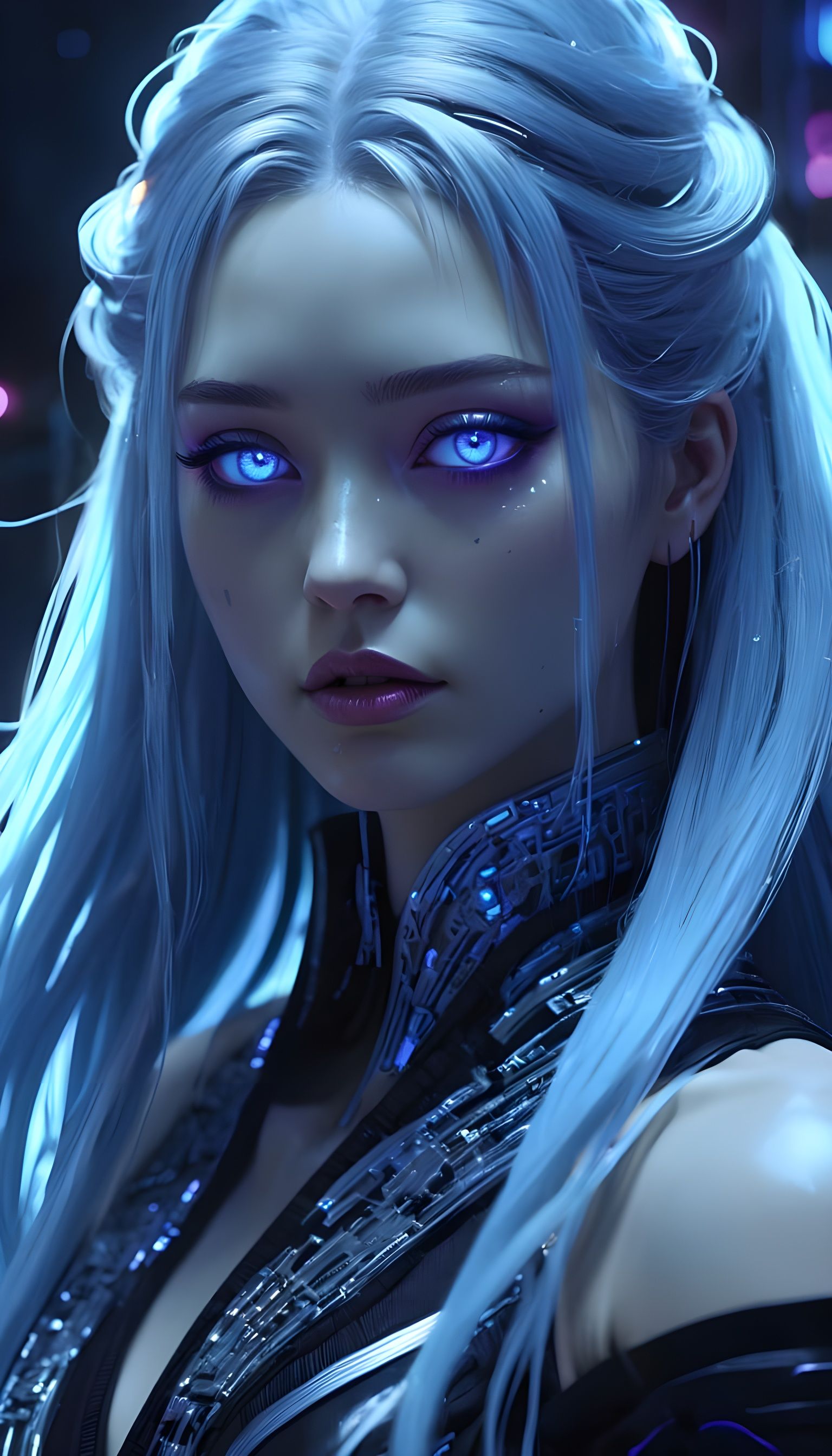 Cyberpunk Anime Goddess Portrait with Neon Circuitry
