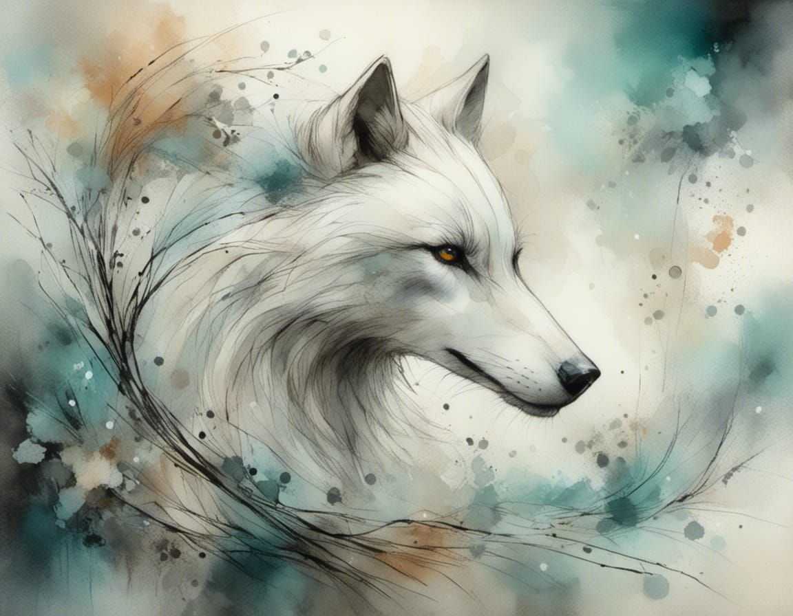 Giant White Wolf in Pale Watercolor Style
