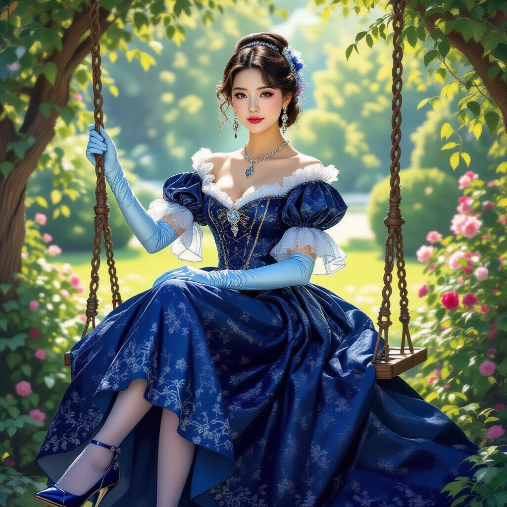 Asian Woman in 18th Century Dress on Garden Swing