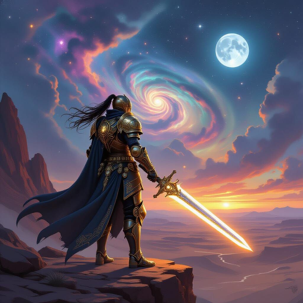 Steampunk Knight on Alien Cliff Overlooking Nebula