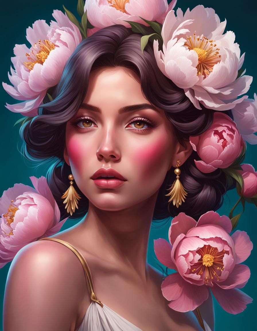 Girl with Peonies: Hyperdetailed Art Portrait