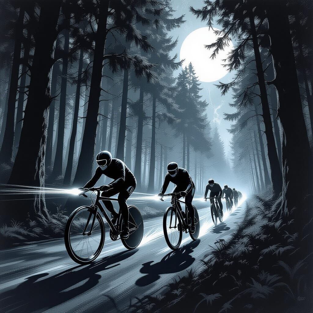 Monochrome Forest Bicycle Race in Retro Sci-Fi Style