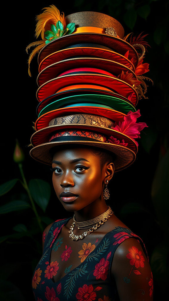 Woman with Towering Rainbow Hat Sculpture in Botanical Garde...