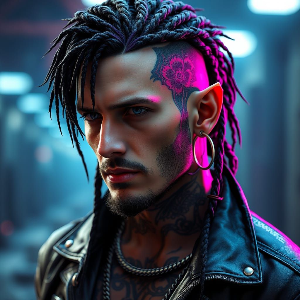 Cyberpunk Hero with Braided Hair and Intricate Tattoos