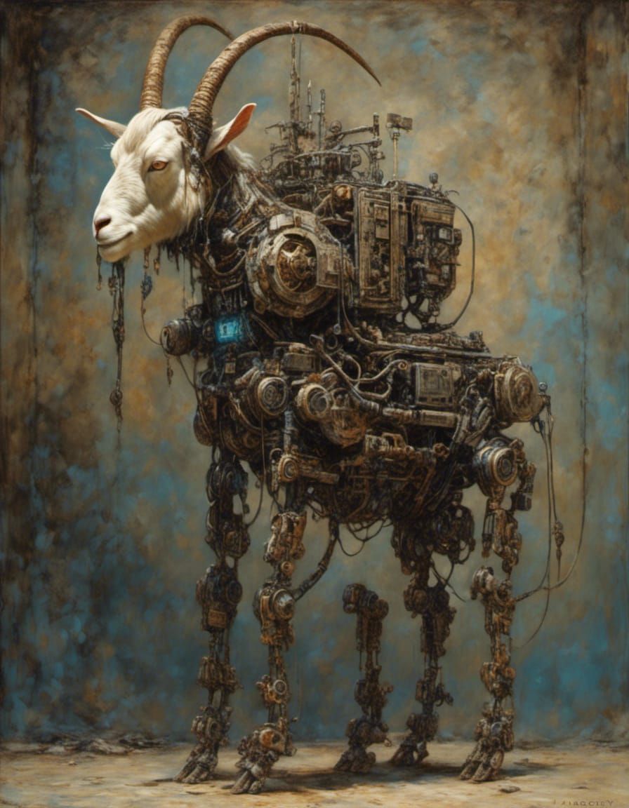 Humanoid Robotic Goat in Oil Painting Style