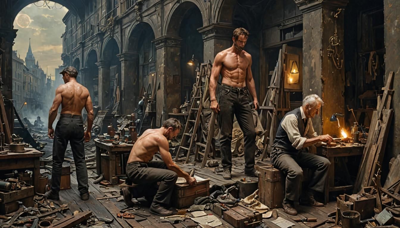 Men at Work in Hyperrealistic Film Noir Style