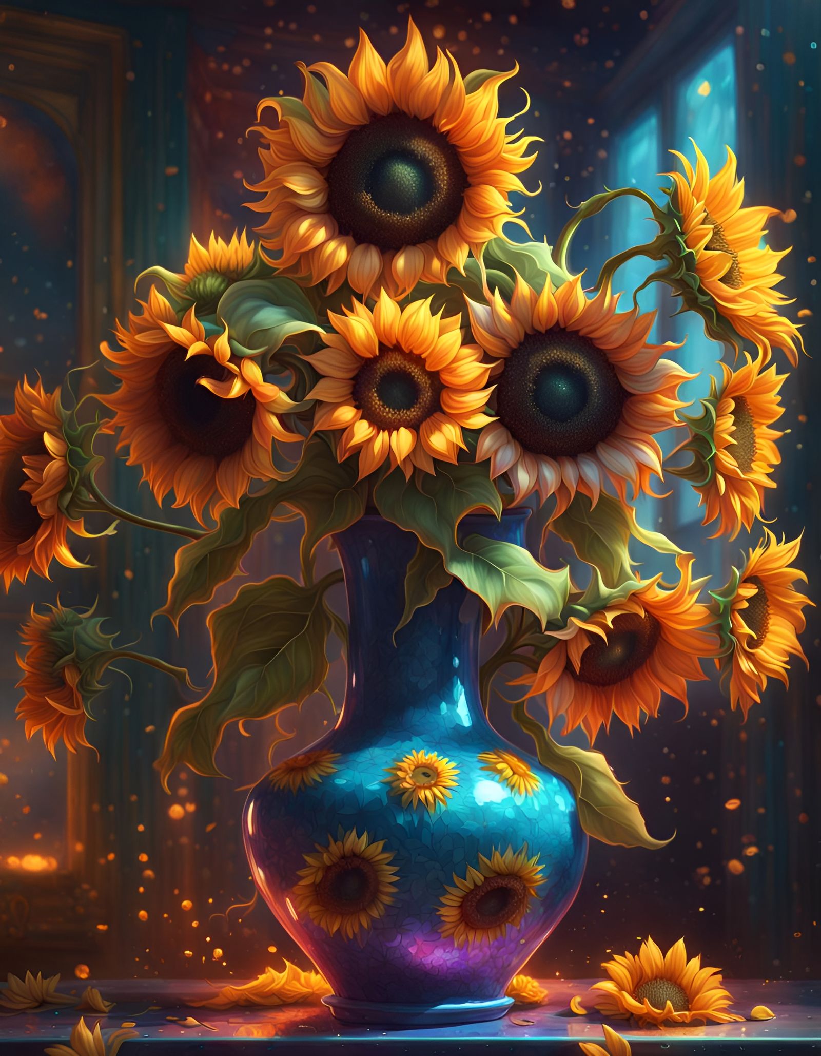 Glittery Sunflowers in Cosmic Vase, Detailed Art