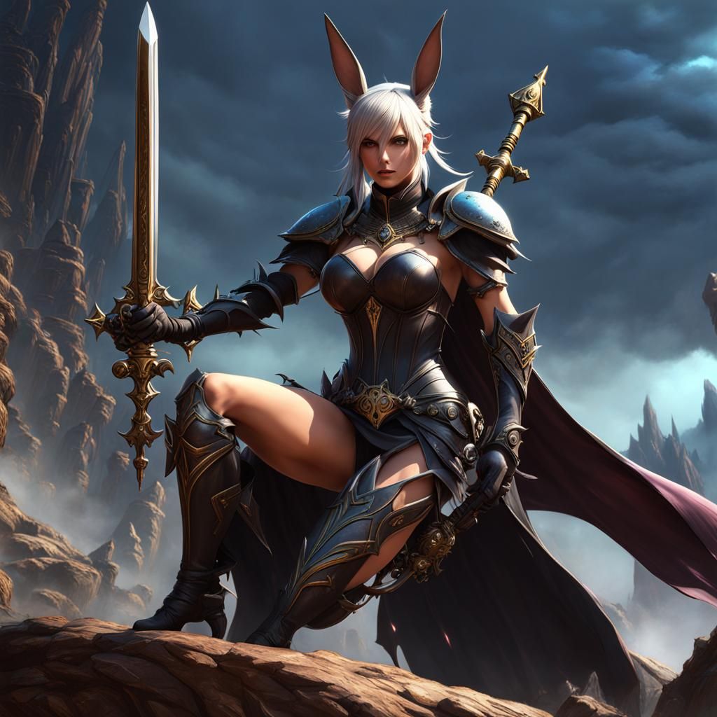 Female Viera Dark Knight in Fantasy Art Style