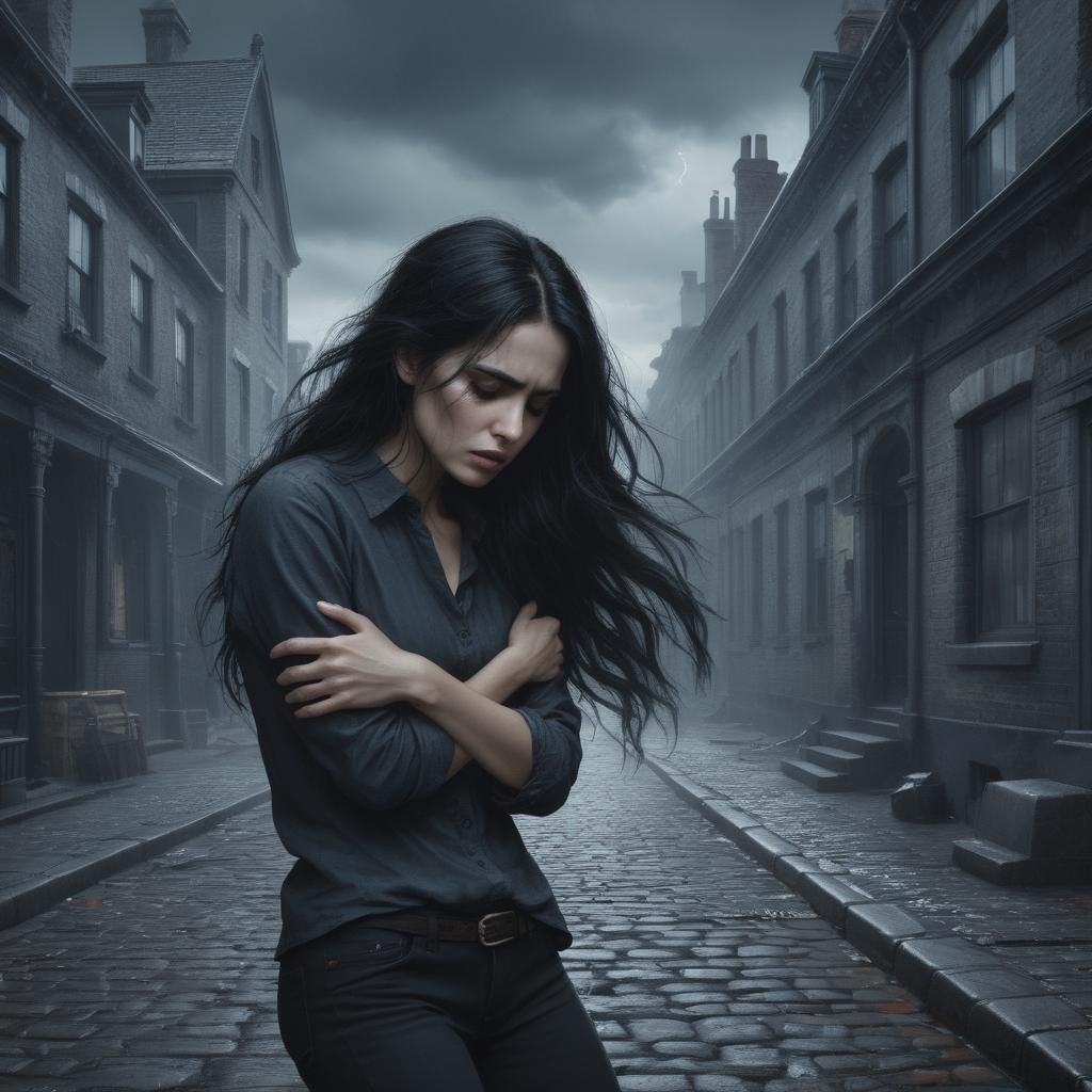 Anguished Woman in Stormy Victorian Street