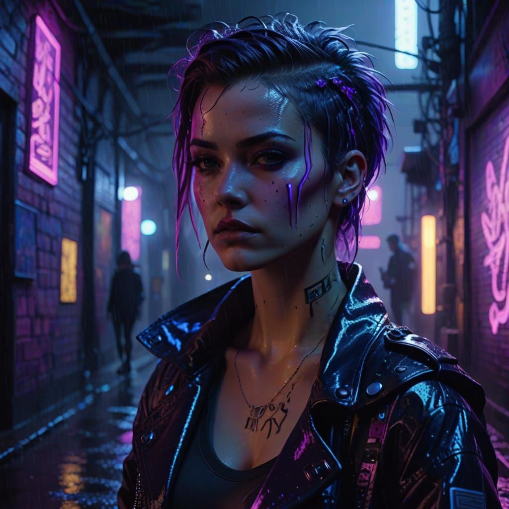 Punk Artist in a Neon Cyberpunk Alley